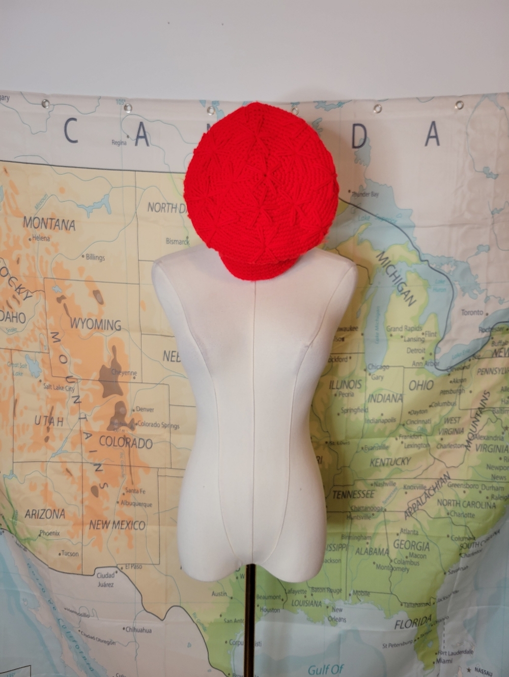 Vintage Hand Crocheted Bright Red Knit Beanie Hat